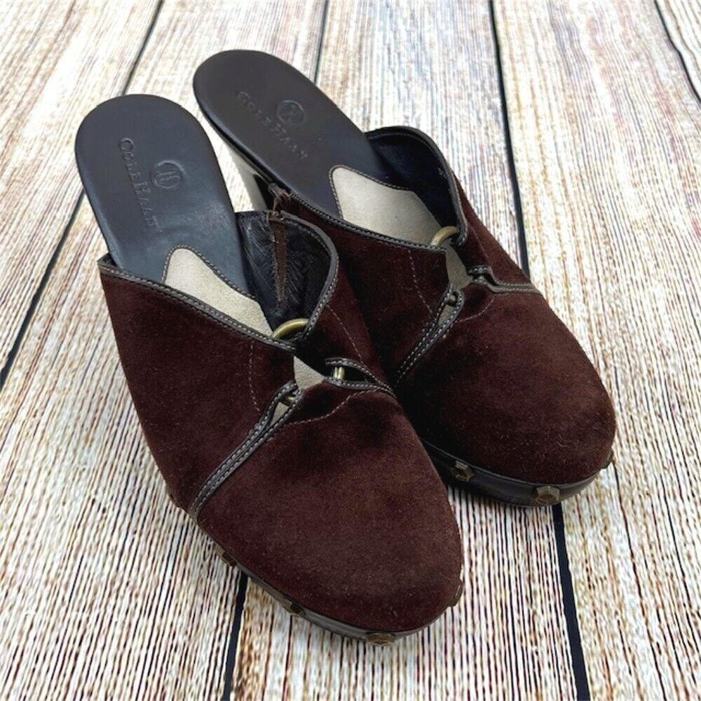 Cole Haan Kenna Women's Size 6 Brown Suede Studded Heeled Platform Mules‎